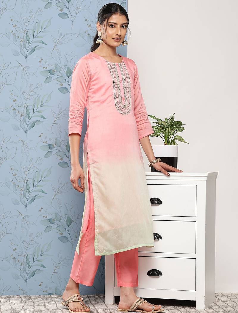 Women Pink Ombre Embroidered Sequinned Kurta with Trousers & With Dupatta