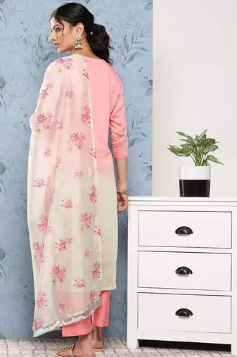 Women Pink Ombre Embroidered Sequinned Kurta with Trousers & With Dupatta