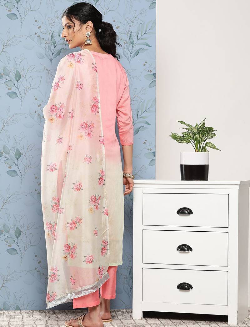 Women Pink Ombre Embroidered Sequinned Kurta with Trousers & With Dupatta