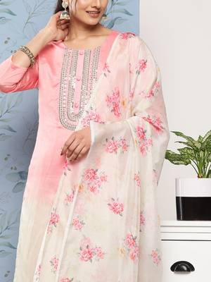 Women Pink Ombre Embroidered Sequinned Kurta with Trousers & With Dupatta 5