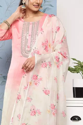 Women Pink Ombre Embroidered Sequinned Kurta with Trousers & With Dupatta
