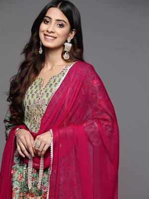 Green & Pink Floral Print Pure Cotton Kurta with Trousers & With Dupatta 2