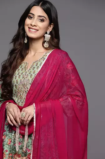 Green & Pink Floral Print Pure Cotton Kurta with Trousers & With Dupatta
