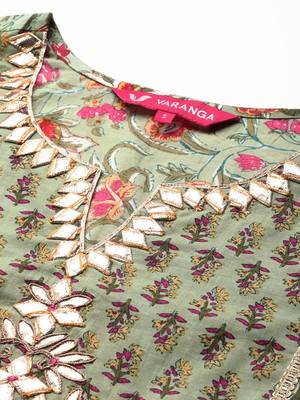 Green & Pink Floral Print Pure Cotton Kurta with Trousers & With Dupatta 3