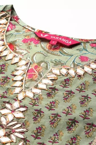 Green & Pink Floral Print Pure Cotton Kurta with Trousers & With Dupatta