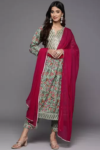 Green & Pink Floral Print Pure Cotton Kurta with Trousers & With Dupatta