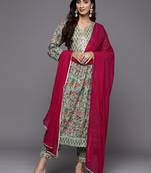Green & Pink Floral Print Pure Cotton Kurta with Trousers & With Dupatta