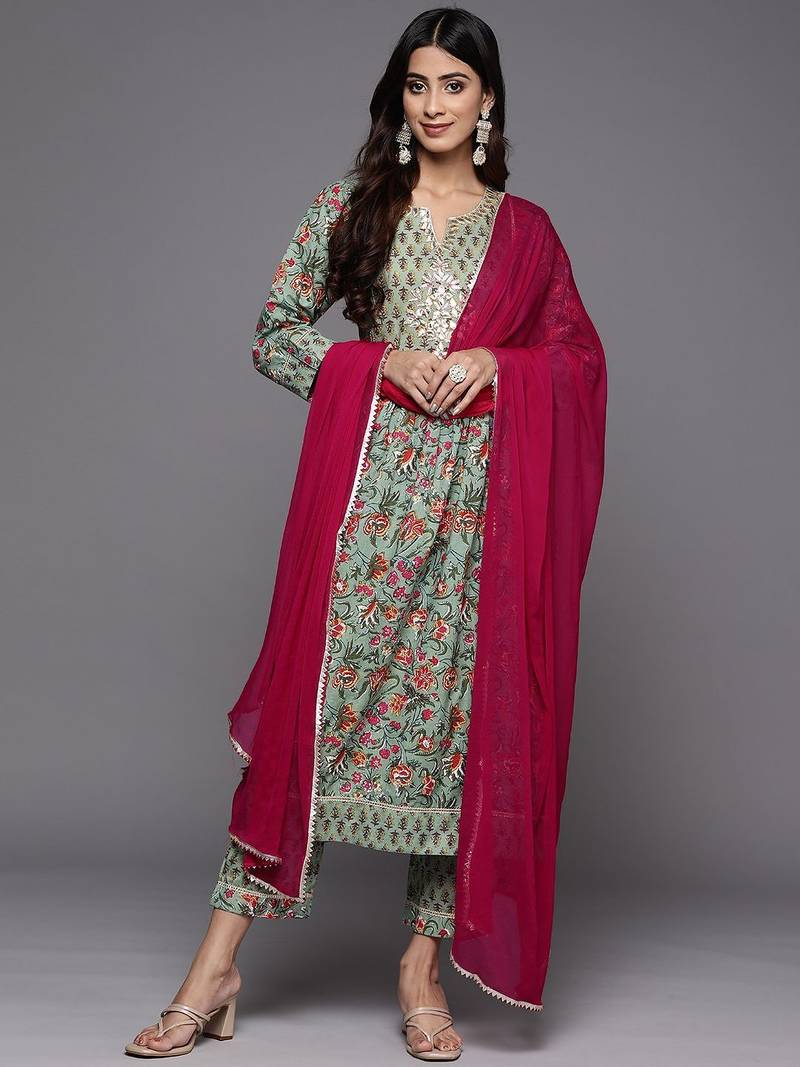 Green & Pink Floral Print Pure Cotton Kurta with Trousers & With Dupatta