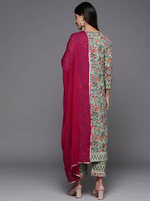 Green & Pink Floral Print Pure Cotton Kurta with Trousers & With Dupatta 7