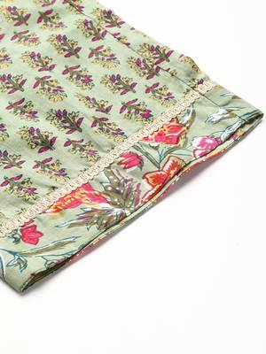 Green & Pink Floral Print Pure Cotton Kurta with Trousers & With Dupatta 10