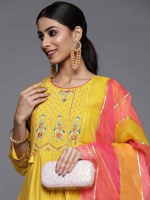 Women Yellow Ethnic Motifs Embroidered Beads and Stones Kurta with Trousers & With Dupatta 2