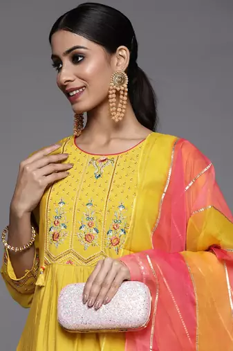 Women Yellow Ethnic Motifs Embroidered Beads and Stones Kurta with Trousers & With Dupatta