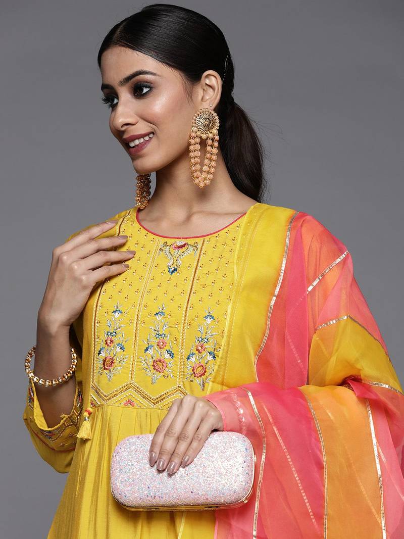 Women Yellow Ethnic Motifs Embroidered Beads and Stones Kurta with Trousers & With Dupatta