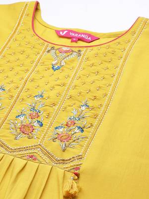 Women Yellow Ethnic Motifs Embroidered Beads and Stones Kurta with Trousers & With Dupatta 3