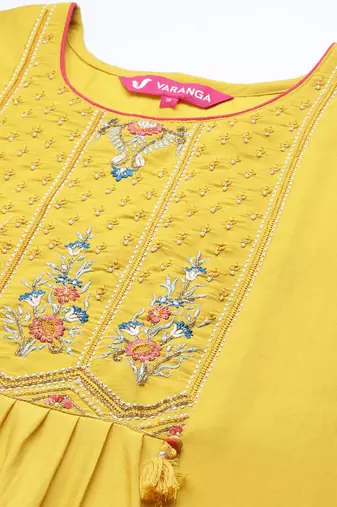 Women Yellow Ethnic Motifs Embroidered Beads and Stones Kurta with Trousers & With Dupatta