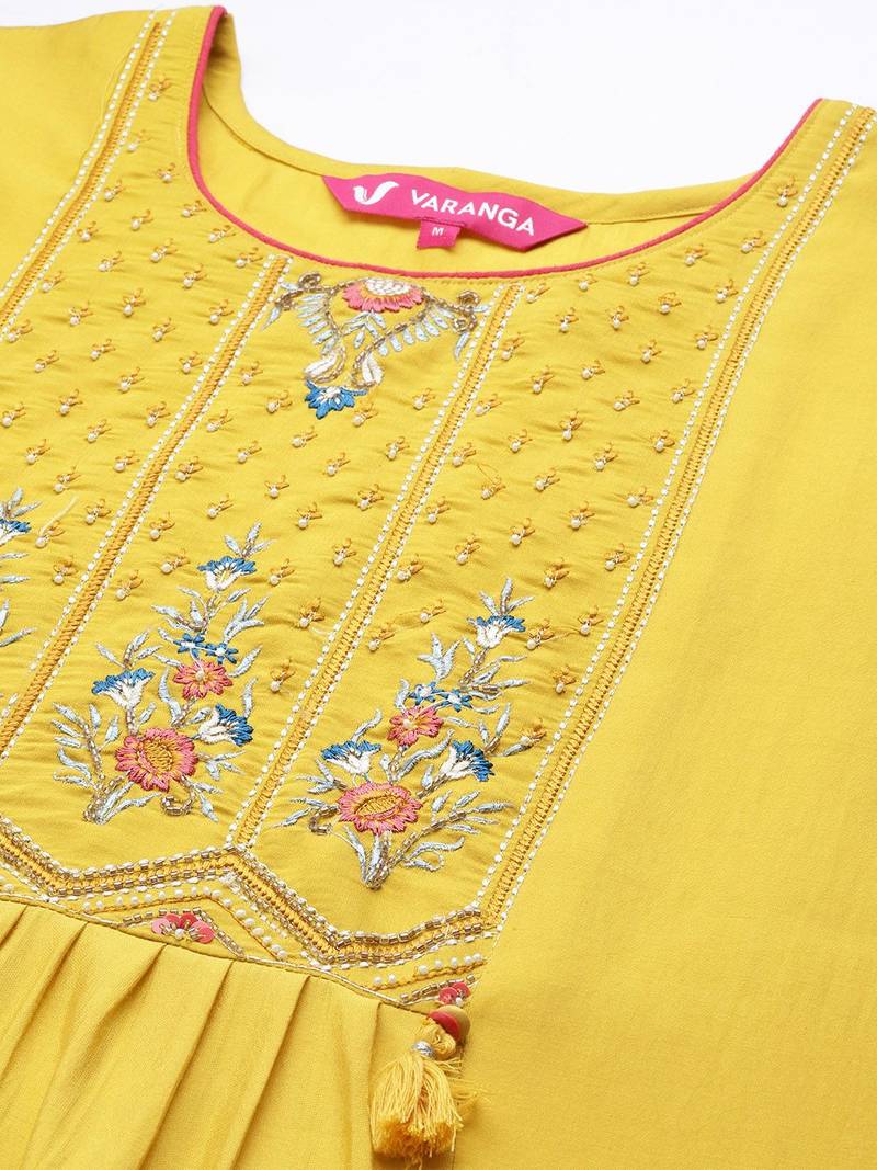 Women Yellow Ethnic Motifs Embroidered Beads and Stones Kurta with Trousers & With Dupatta