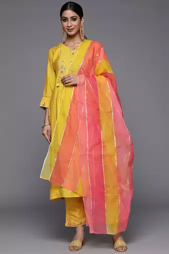 Women Yellow Ethnic Motifs Embroidered Beads and Stones Kurta with Trousers & With Dupatta