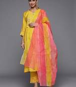 Women Yellow Ethnic Motifs Embroidered Beads and Stones Kurta with Trousers & With Dupatta