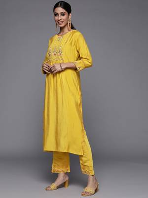 Women Yellow Ethnic Motifs Embroidered Beads and Stones Kurta with Trousers & With Dupatta 6