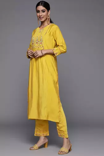 Women Yellow Ethnic Motifs Embroidered Beads and Stones Kurta with Trousers & With Dupatta
