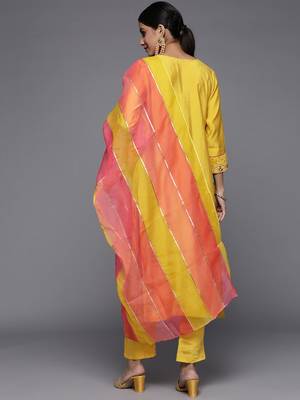 Women Yellow Ethnic Motifs Embroidered Beads and Stones Kurta with Trousers & With Dupatta 7