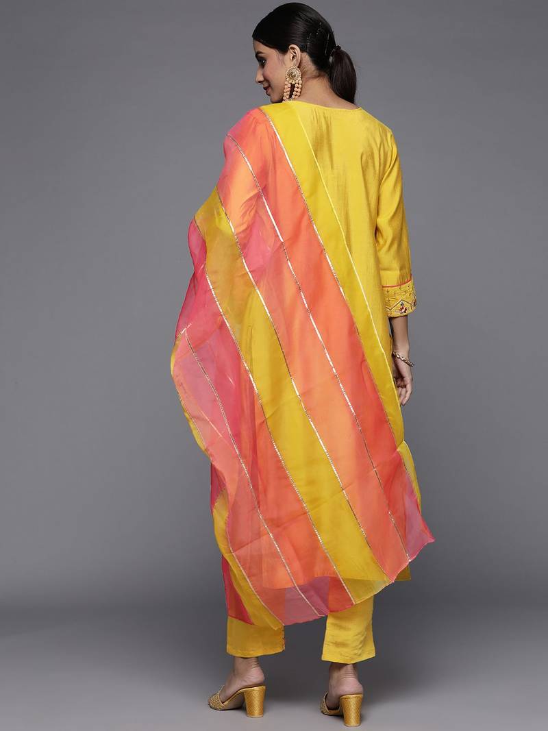Women Yellow Ethnic Motifs Embroidered Beads and Stones Kurta with Trousers & With Dupatta