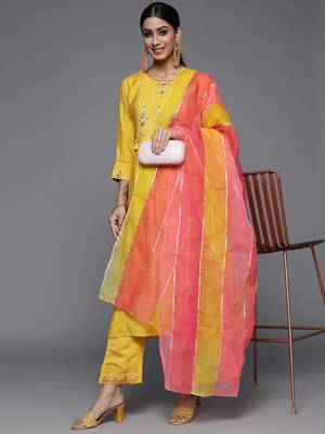 Women Yellow Ethnic Motifs Embroidered Beads and Stones Kurta with Trousers & With Dupatta 8