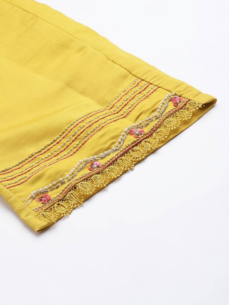 Women Yellow Ethnic Motifs Embroidered Beads and Stones Kurta with Trousers & With Dupatta