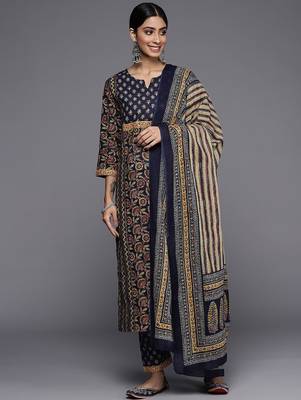 Women Navy Blue Ethnic Motifs Printed Pure Cotton Kurta with Trousers & With Dupatta 1