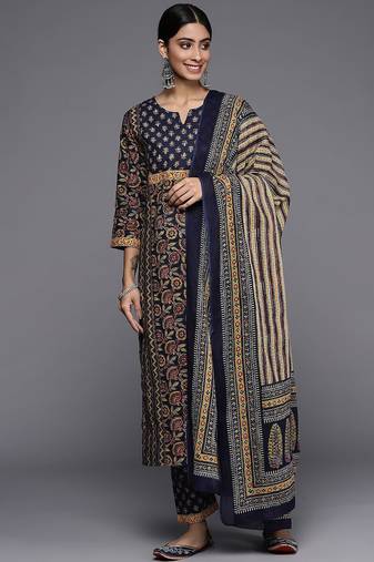Women Navy Blue Ethnic Motifs Printed Pure Cotton Kurta with Trousers & With Dupatta