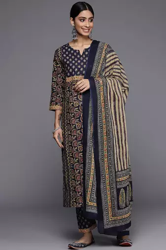 Women Navy Blue Ethnic Motifs Printed Pure Cotton Kurta with Trousers & With Dupatta