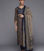 Women Navy Blue Ethnic Motifs Printed Pure Cotton Kurta with Trousers & With Dupatta