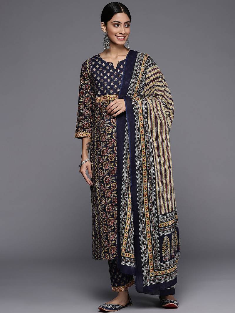 Women Navy Blue Ethnic Motifs Printed Pure Cotton Kurta with Trousers & With Dupatta