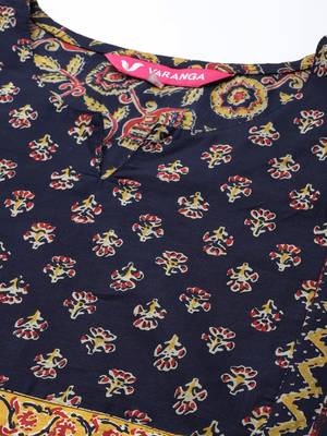 Women Navy Blue Ethnic Motifs Printed Pure Cotton Kurta with Trousers & With Dupatta 2