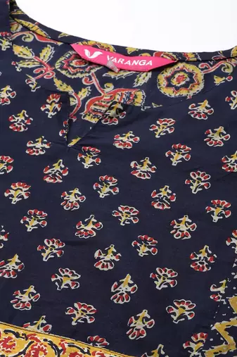 Women Navy Blue Ethnic Motifs Printed Pure Cotton Kurta with Trousers & With Dupatta
