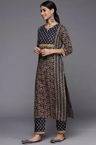 Women Navy Blue Ethnic Motifs Printed Pure Cotton Kurta with Trousers & With Dupatta
