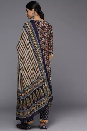 Women Navy Blue Ethnic Motifs Printed Pure Cotton Kurta with Trousers & With Dupatta