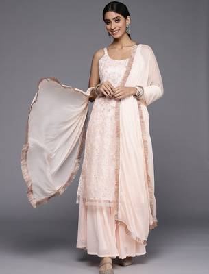 Women Peach-Coloured Floral Sequinned Kurta with Sharara & With Dupatta 1