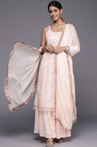 Women Peach-Coloured Floral Sequinned Kurta with Sharara & With Dupatta
