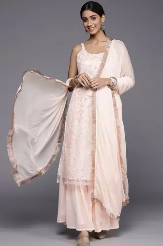 Women Peach-Coloured Floral Sequinned Kurta with Sharara & With Dupatta