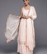 Women Peach-Coloured Floral Sequinned Kurta with Sharara & With Dupatta