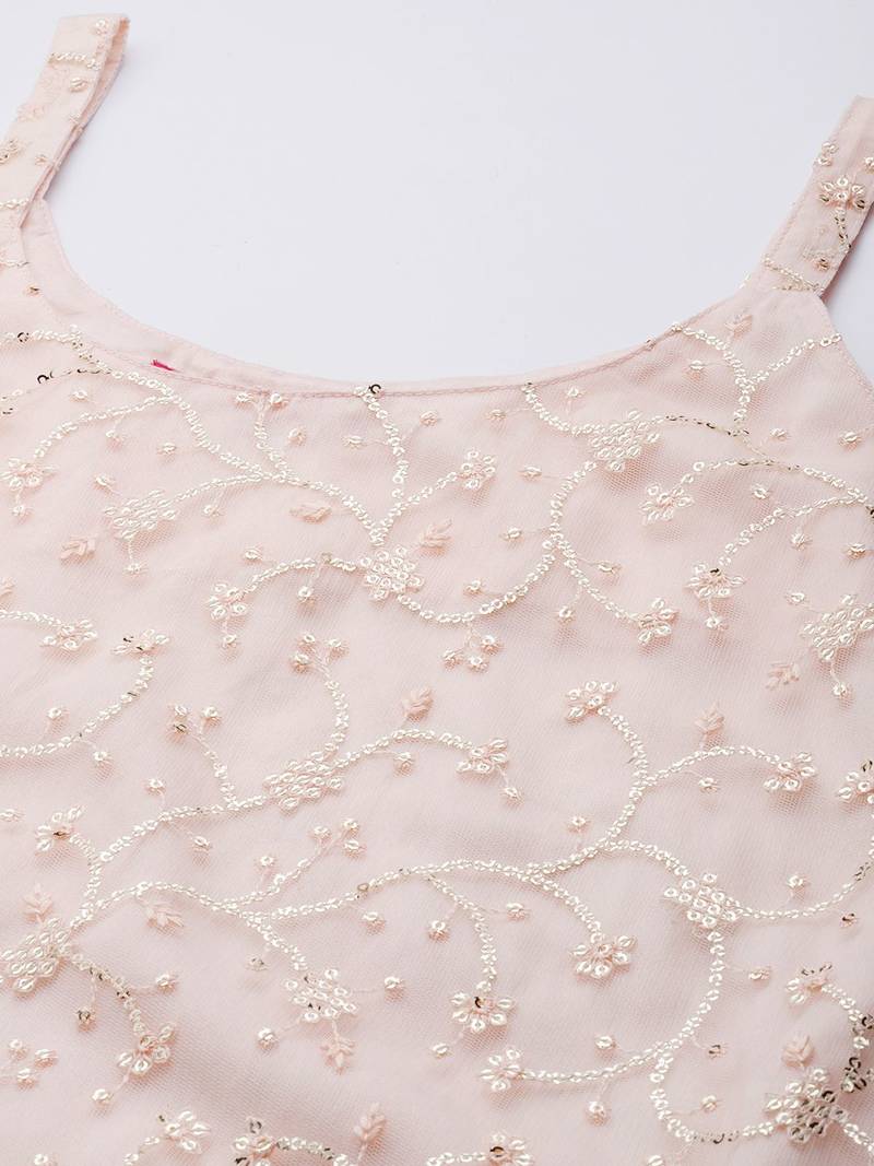 Women Peach-Coloured Floral Sequinned Kurta with Sharara & With Dupatta