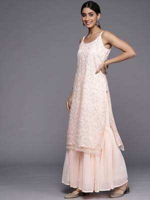 Women Peach-Coloured Floral Sequinned Kurta with Sharara & With Dupatta 5
