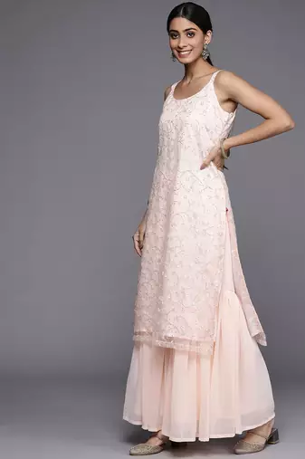 Women Peach-Coloured Floral Sequinned Kurta with Sharara & With Dupatta