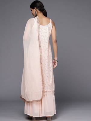 Women Peach-Coloured Floral Sequinned Kurta with Sharara & With Dupatta 6