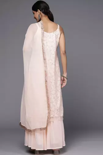 Women Peach-Coloured Floral Sequinned Kurta with Sharara & With Dupatta
