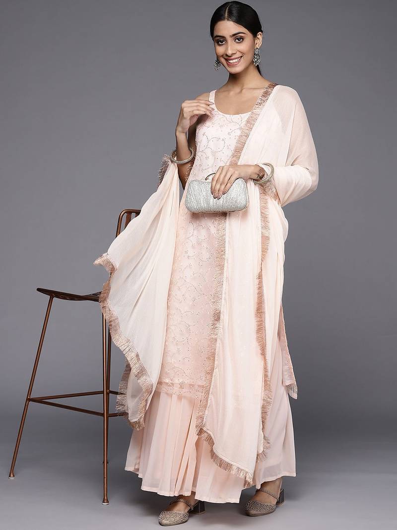 Women Peach-Coloured Floral Sequinned Kurta with Sharara & With Dupatta