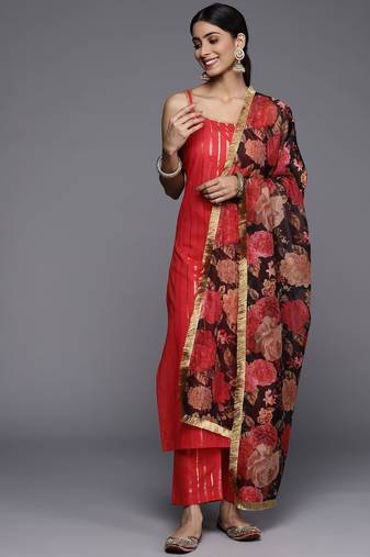 Women Red Gotta Patti Pure Cotton Kurta with Trousers & Dupatta