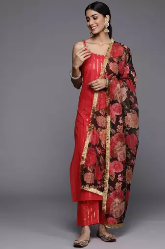 Women Red Gotta Patti Pure Cotton Kurta with Trousers & Dupatta