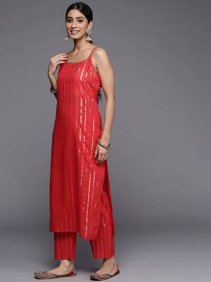Women Red Gotta Patti Pure Cotton Kurta with Trousers & Dupatta 5